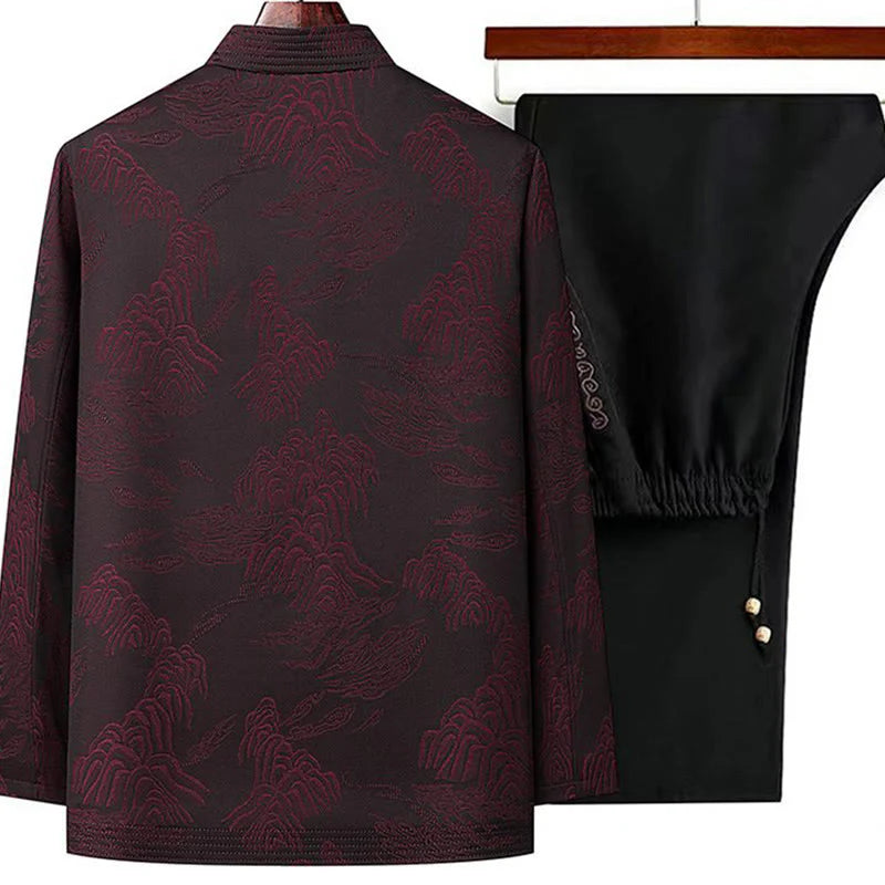 Buddha Stones 2Pcs Commute Tang Suit Frog-Button Men's Long Sleeve Shirt Pants Cotton Clothing Set