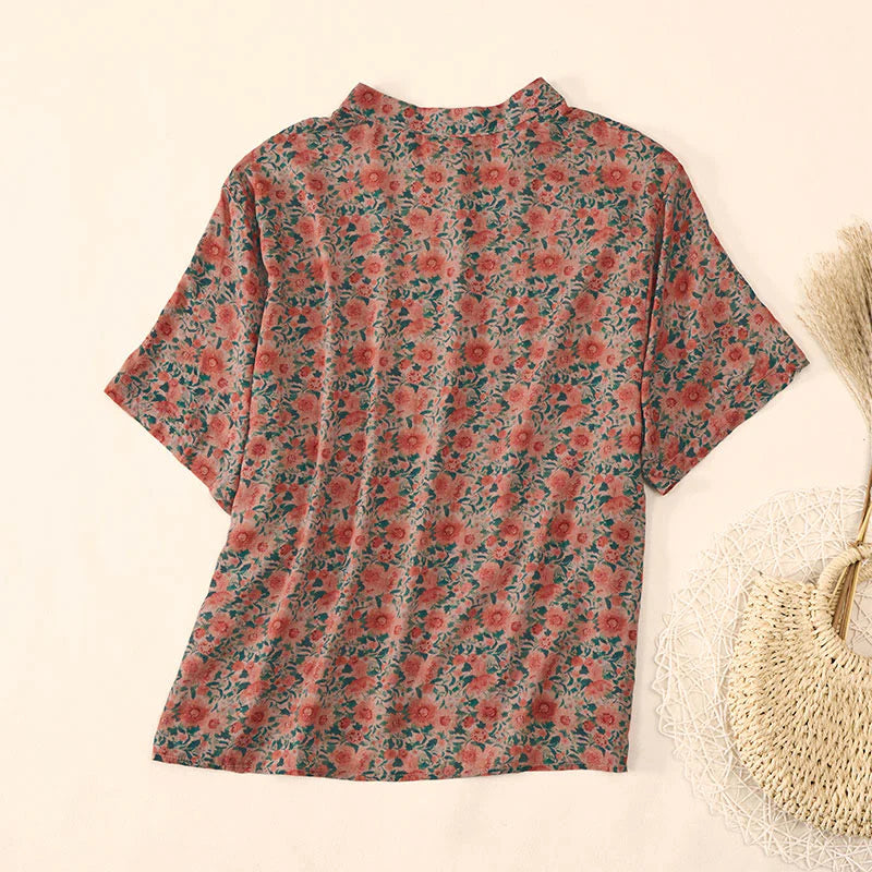 Buddha Stones Summer  Frog-Button Stand Collar Short Sleeve Flower Pattern Women's Cotton Shirt