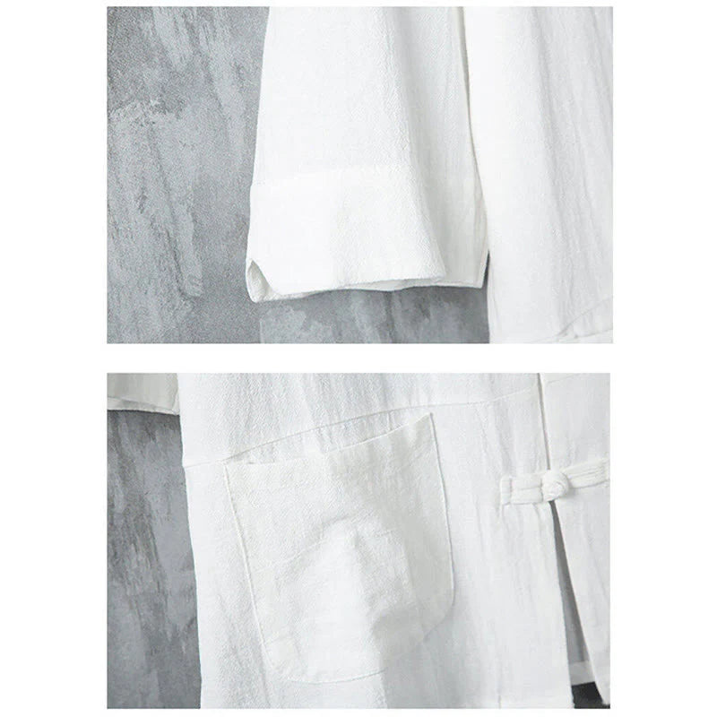 Buddha Stones Solid Color Tang Suit Frog-Button Design Men's Half Sleeve Linen Shirt With Pockets