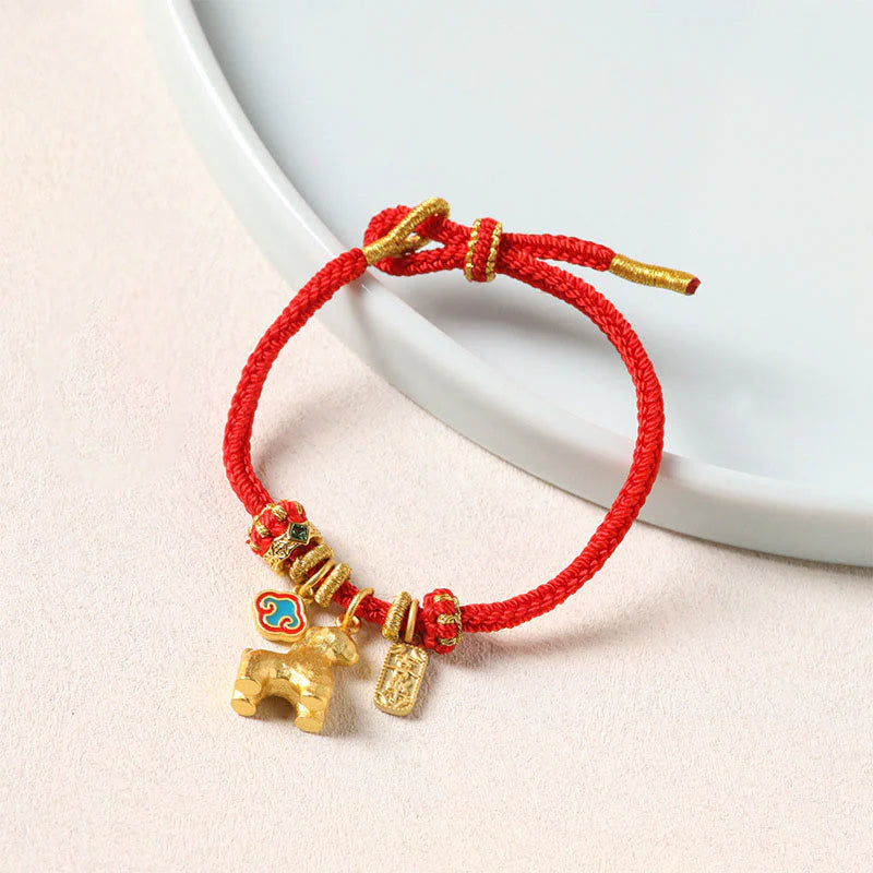 Buddha Stones Year Of The Horse Copper Red String Fu Character Lotus Luck Bracelet