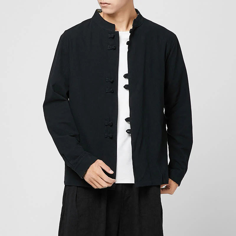 Buddha Stones Men's Frog-Button Dragon Pattern Cuffs Cotton Long Sleeve Shirt