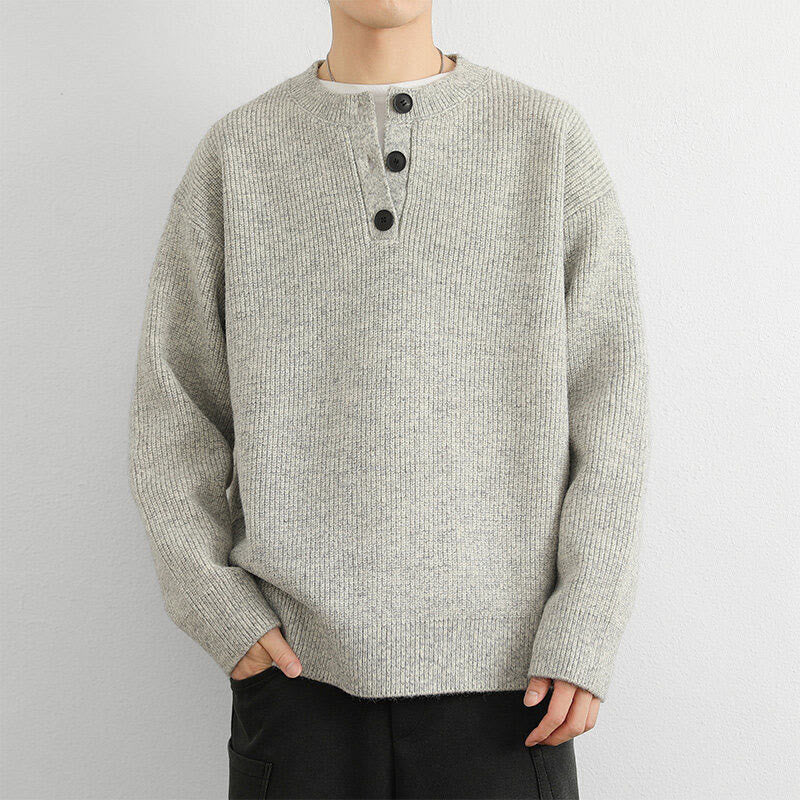 Buddha Stones Winter V-Neck Buttons Ribbed Design Warm Men's Long Sleeve Knitted Sweater
