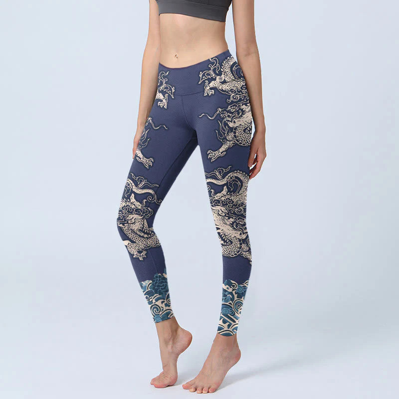 Buddha Stones Symmetry Dragon Wave Pattern Print Gym Leggings Women's Yoga Pants