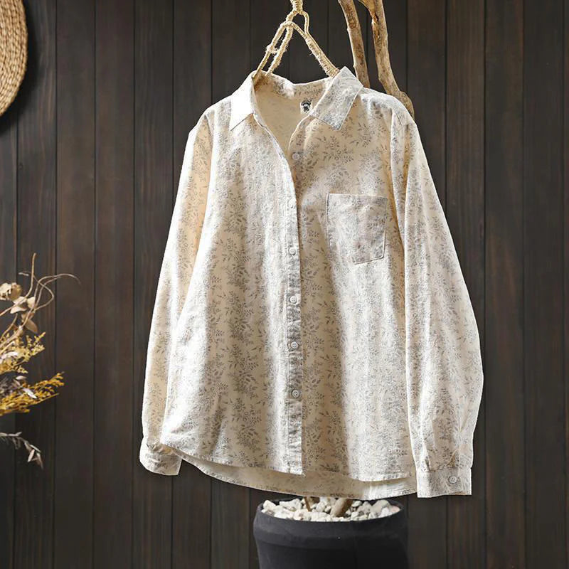 Buddha Stones Fall Floral Print Design Buttons Women's Cotton Long Sleeve Shirt