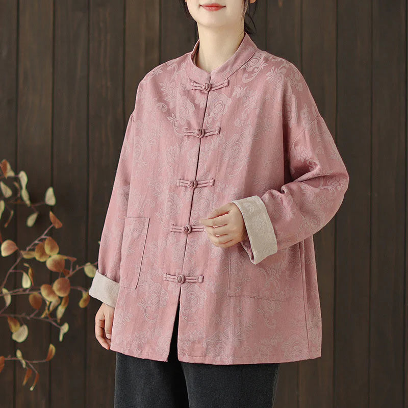 Buddha Stones Fall Floral Print Frog-Button Stand Collar Long Sleeve Women's Cotton Shirt