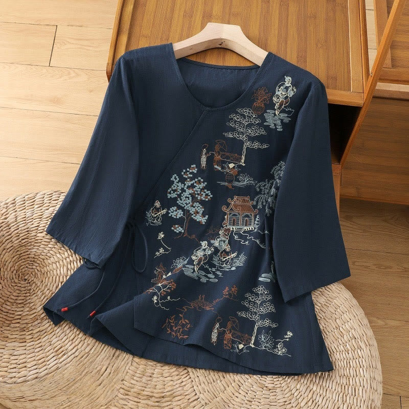 Buddha Stones Retro Embroidery Lace-Up Women's Three Quarter Sleeve Cotton Linen T-Shirt