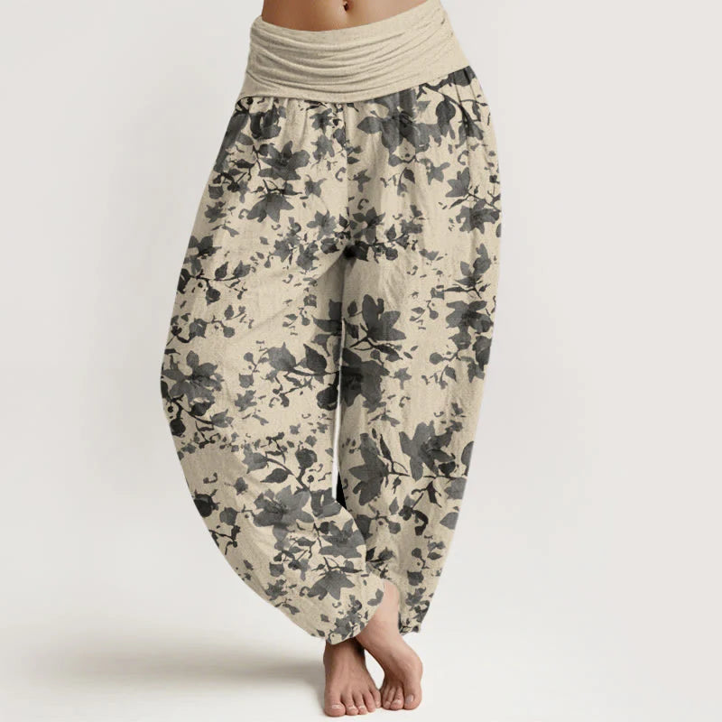 Buddha Stones Cotton Leaves Design Women's Elastic Waist Harem Pants