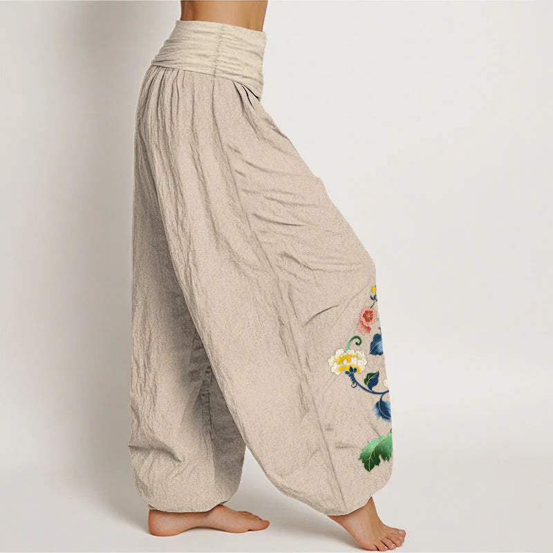 Buddha Stones Cotton Auspicious Peony Flower Butterfly Pattern Women's Elastic Waist Harem Pants