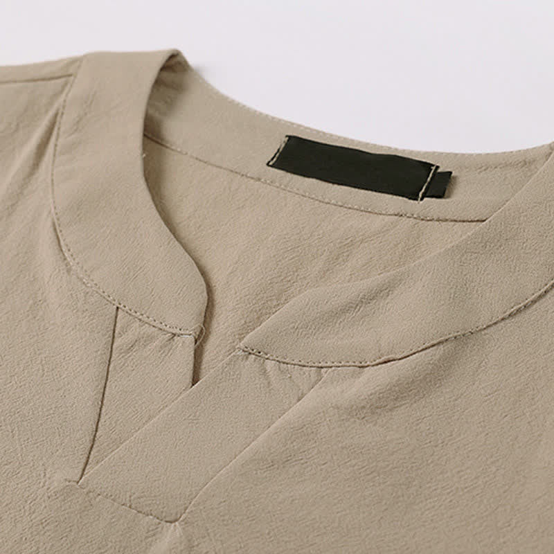 Buddha Stones Summer Embroidered Short Sleeve Notched Collar Men's Cotton Linen T-Shirt