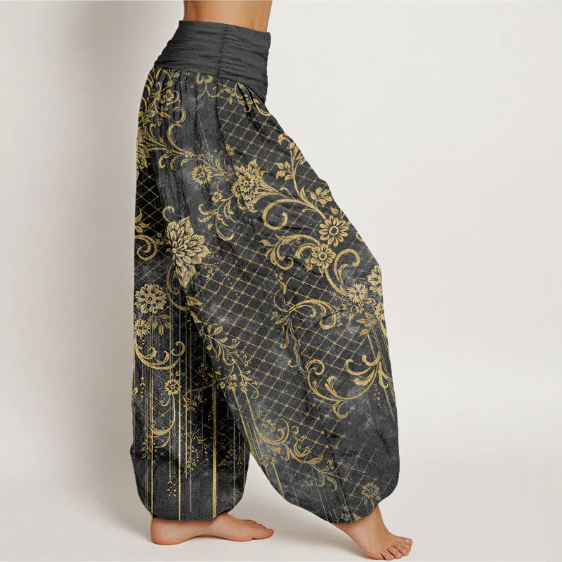 Buddha Stones Pure Cotton Classical Flower Leaf Vine Pattern Women's Elastic Waist Harem Pants