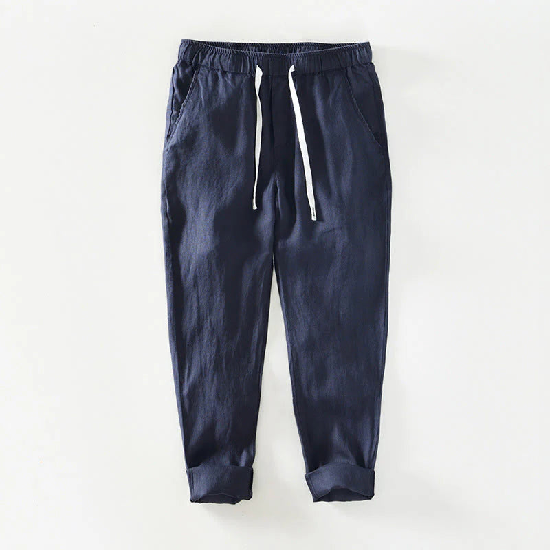 Buddha Stones Fall Solid Drawstring Elastic Waist Men's Linen Ankle-Length Pants With Pockets