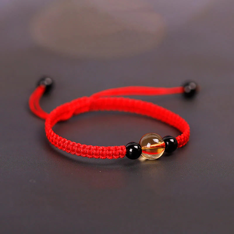Buddha Stones Handcrafted Citrine Black Obsidian Bead King Kong Knot Peace Knot Luck Rope Bracelet