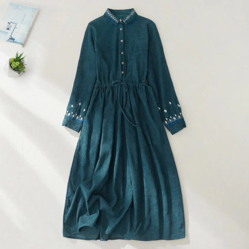 Buddha Stones Embroidered Floral Pattern Lace-up Design Long Sleeve Midi Dress With Pockets