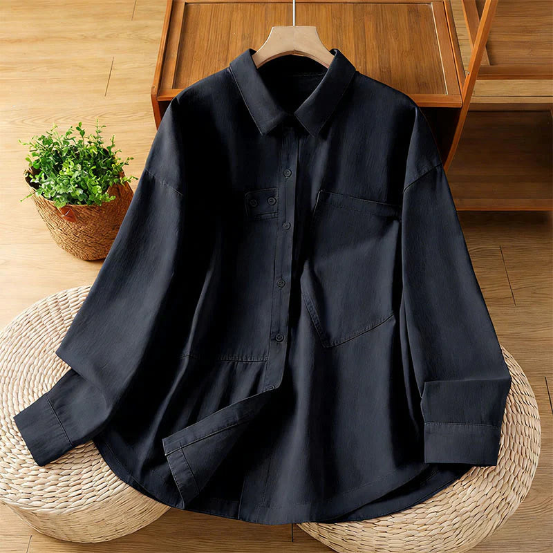 Buddha Stones Spring Plain Lapel Long Sleeve Women's Cotton Shirt With Pockets