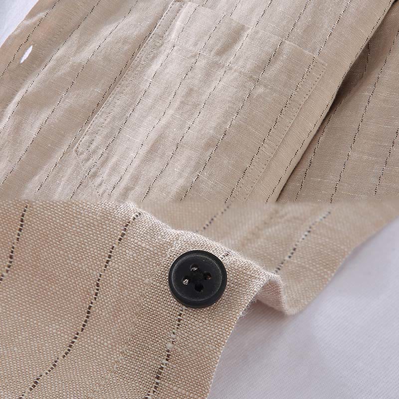 Buddha Stones Daily Tang Suit Men's Striped Pattern Cotton Linen Long Sleeve Shirt