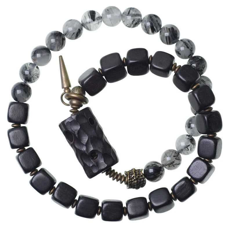 Buddha Stones Ebony Wood Black Rutilated Quartz Copper Brass Double Wrap Balance Bracelet (Extra 30% Off | USE CODE: FS30)