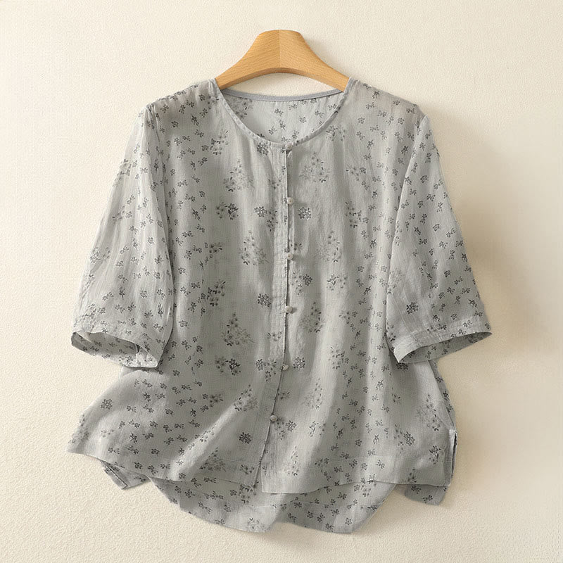Buddha Stones Casual Floral Print Pattern Three Quarter Sleeve Women's Buttons Shirt