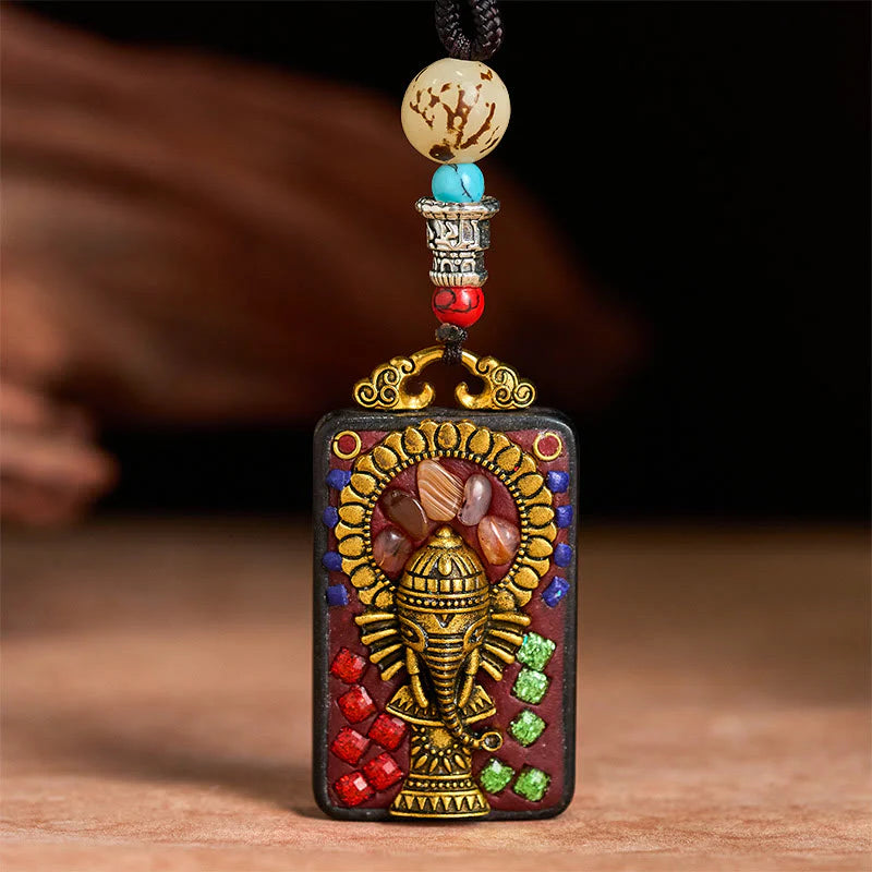 Buddha Stones Tibetan Ganesh Ganpati Elephant Ebony Wood Rope Peace Necklace Pendant