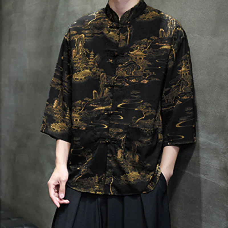 Buddha Stones Spring Frog-Button Dragon Mountain Flower Three Quarter Sleeve Tang Suit Men's Shirt With Pockets
