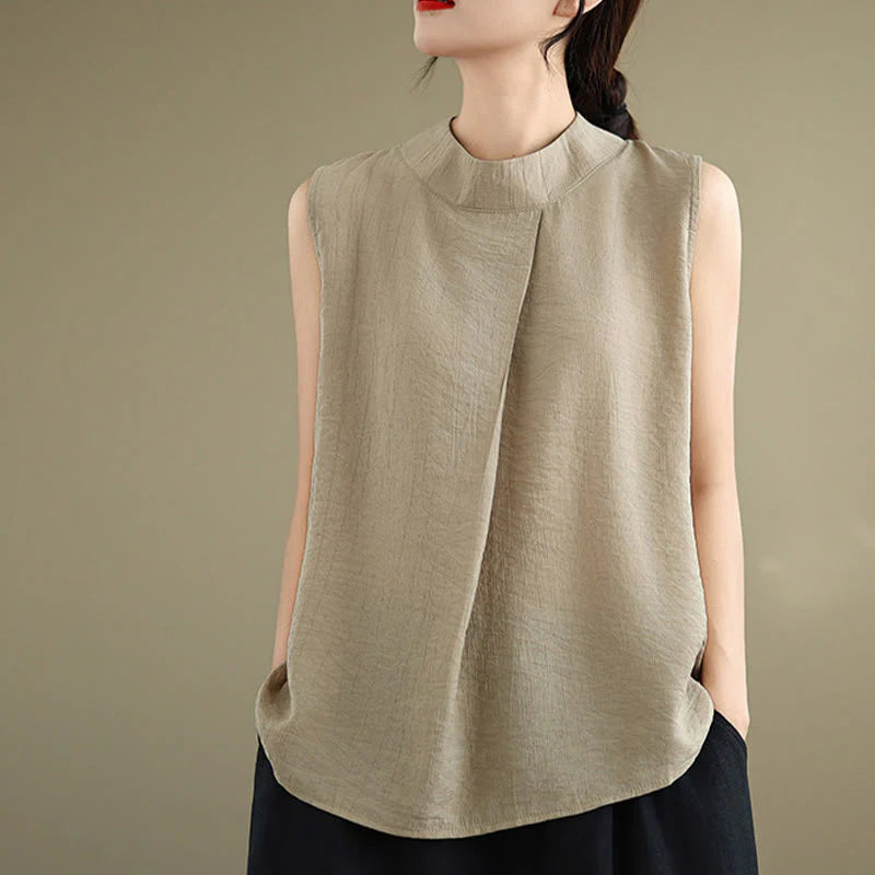 Buddha Stones Casual Plain Back Buttom Design Stand Collar Cotton Linen Women's Sleeveless Vest