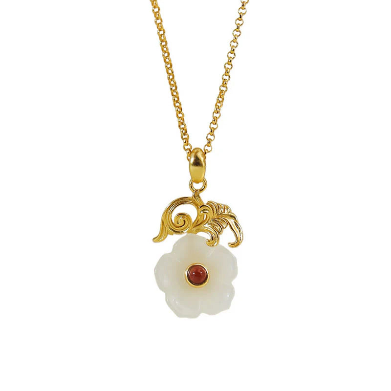 Buddha Stones Hetian Jade Flower 925 Sterling Silver Luck Necklace Pendant