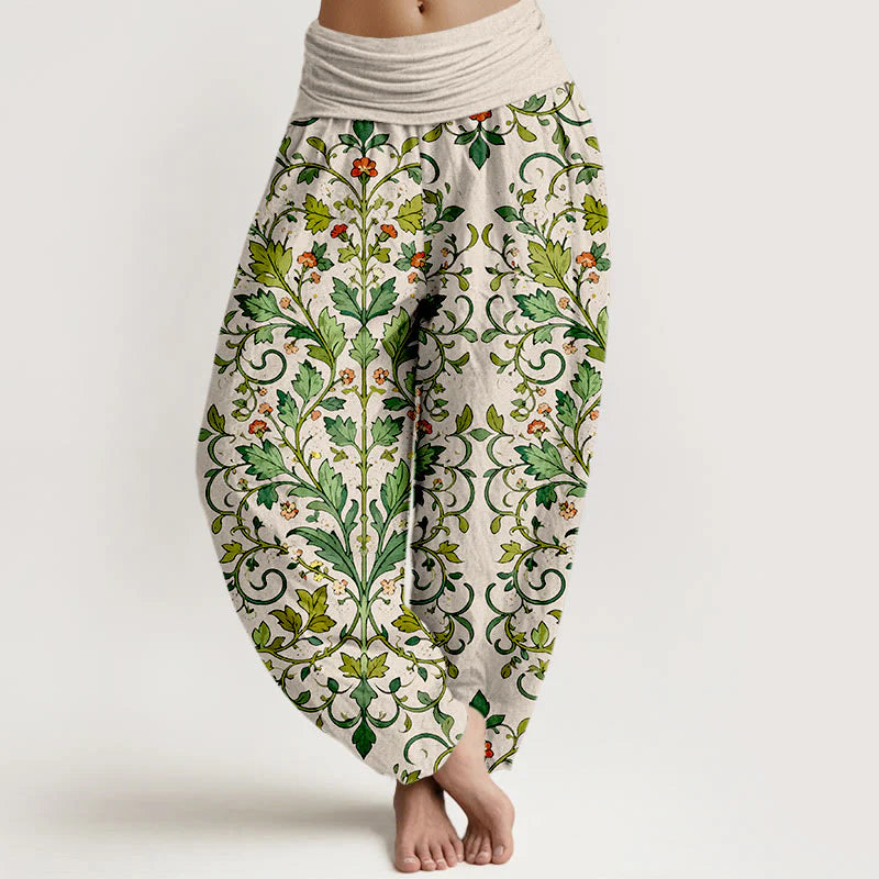 Buddha Stones Pure Cotton Classical Symmetrical Plant Leaf Pattern Women's Elastic Waist Harem Pants