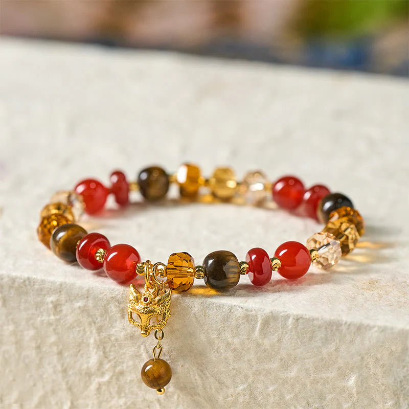 Buddha Stones Red Agate Tiger Eye Fox Charm Calm Beaded Bracelet