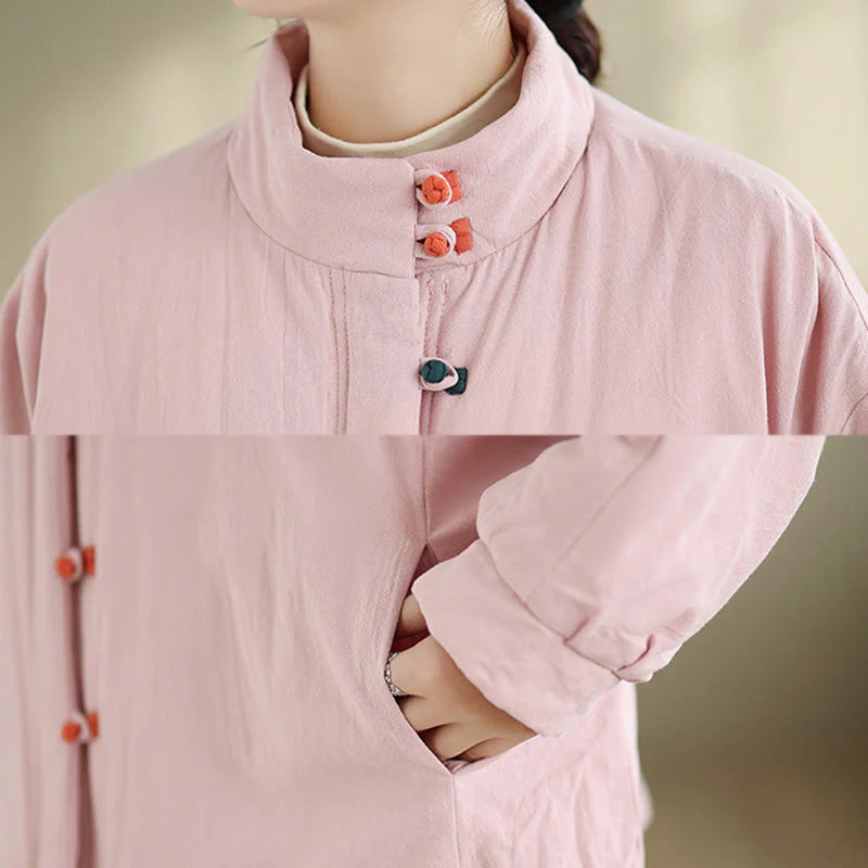 Buddha Stones Women's Winter Chinese Frog-Button Long Sleeve Cotton Thicken Jacket With Pockets