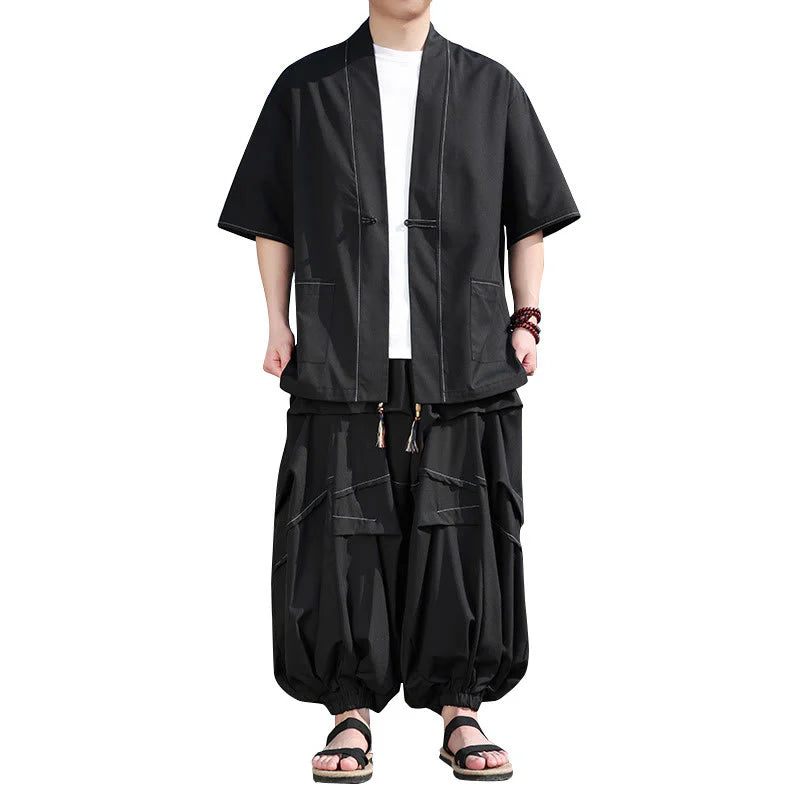 Buddha Stones 2Pcs Black Frog-Button Cotton Men's Kimono Jacket Drawstring Wide Leg Pants With Pockets