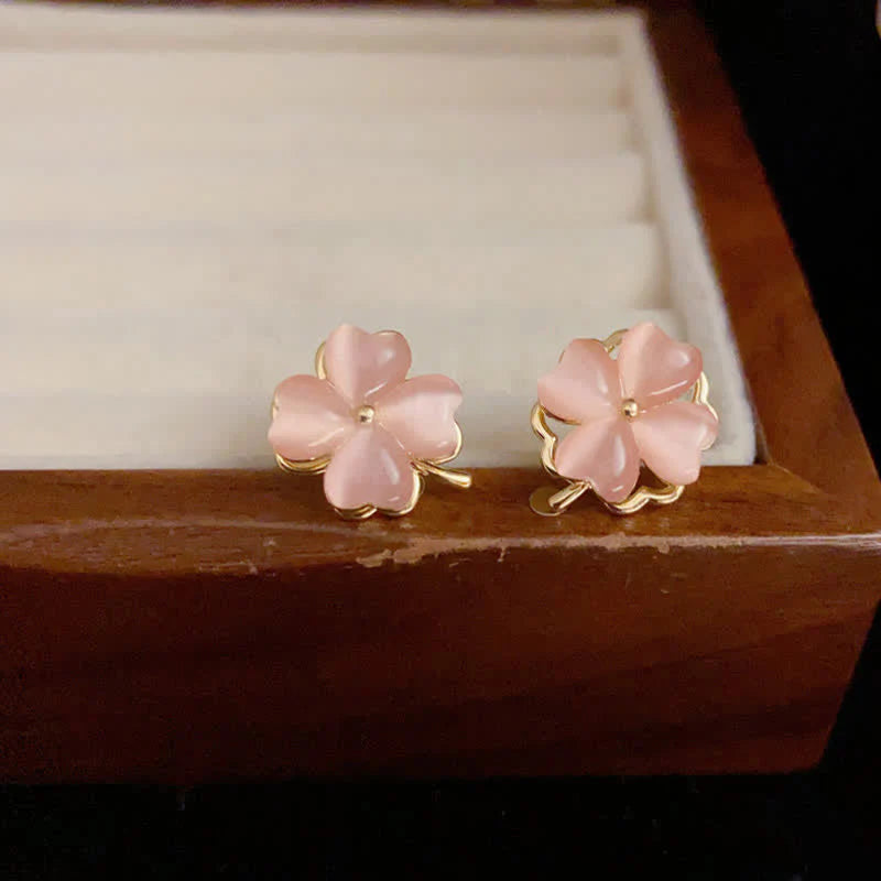 Buddha Stones Rotatable Design Four-Leaf Flower Pink Cat's Eye Support Stud Earrings
