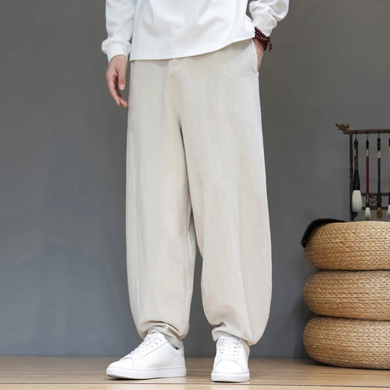 Buddha Stones Fall Sports Men's Pure Color Button Design Cotton Pants With Pockets