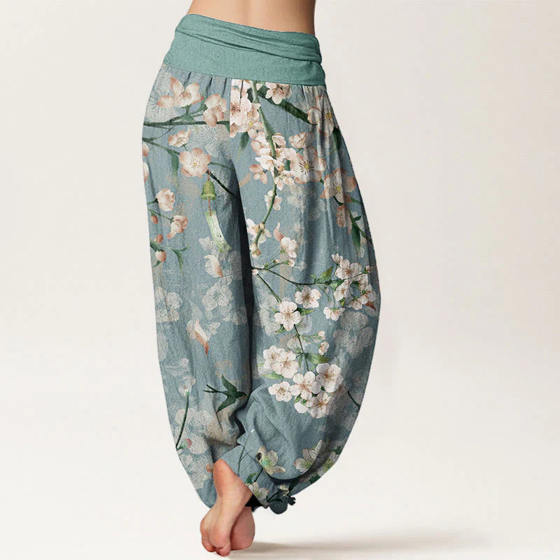 Buddha Stones Cotton Peach Blossoms Flying Geese Pattern Women's Elastic Waist Harem Pants