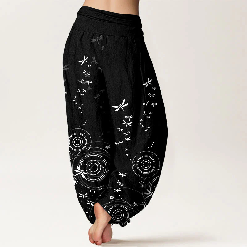 Buddha Stones Pure Cotton Circular Lines Dragonfly Women's Elastic Waist Harem Pants