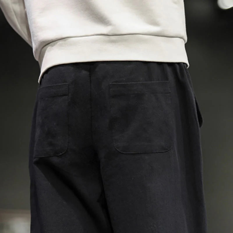 Buddha Stones Drawstring Elastic Waist Frog-Button Ankle-Length Men's Cotton Pants With Pockets