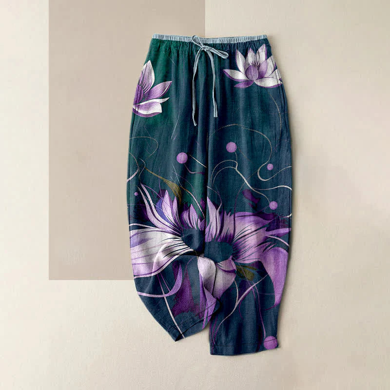 Buddha Stones Pure Cotton Purple Lotus Print Elastic Waist Women's Pants With Pockets