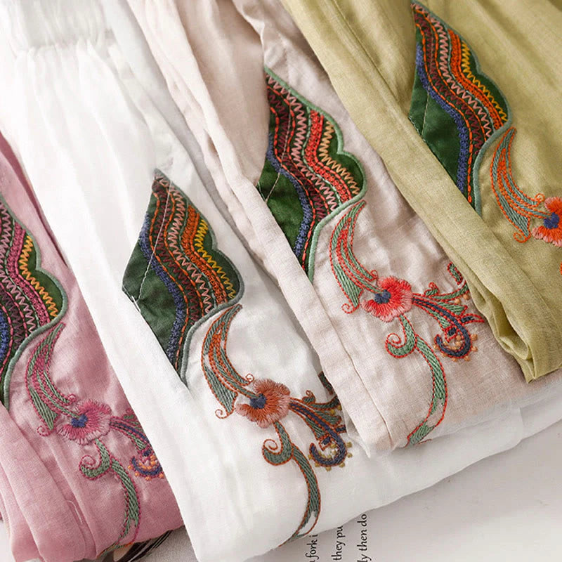 Buddha Stones Summer Embroidery Double Layer Cotton Linen Women's Wide Leg Pants With Pockets