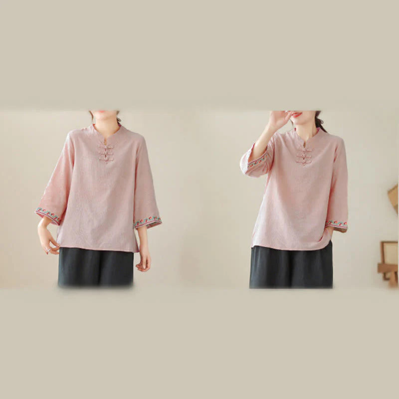 Buddha Stones Jacquard Frog-button Stand Collar Embroidered Three Quarter Sleeve Design Women's Cotton Shirt