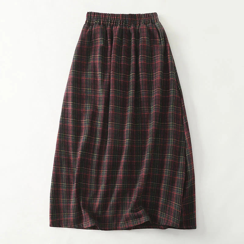 Buddha Stones Spring Fall Women's Plaid Pattern Cotton Skirt With Pockets