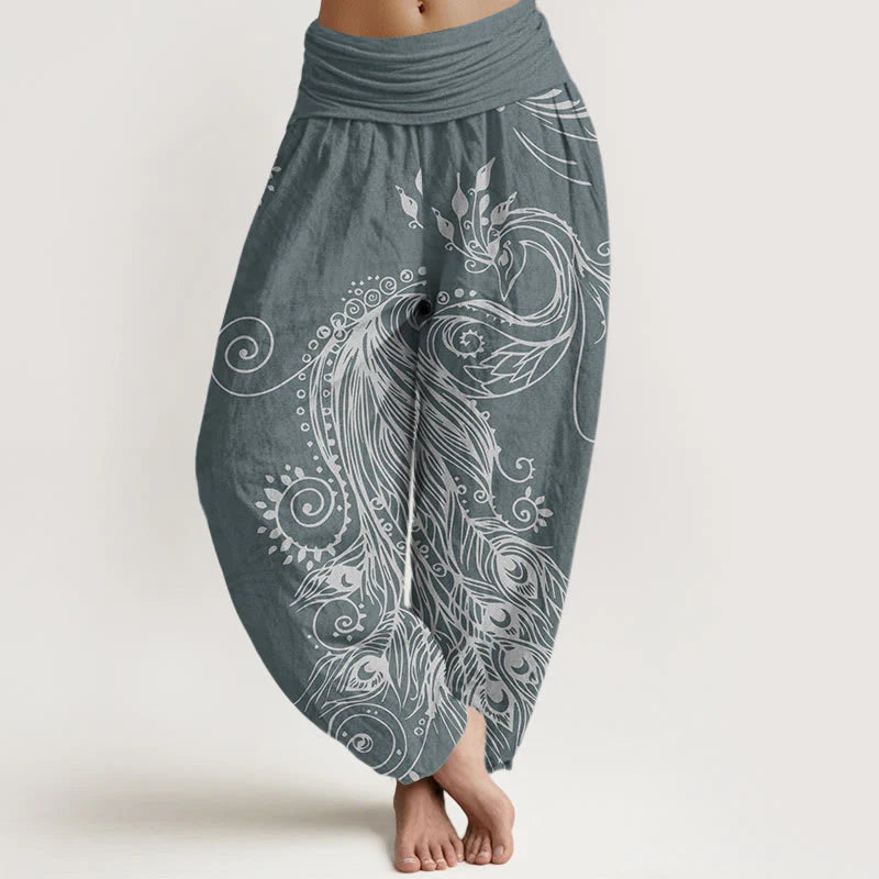 Buddha Stones Cotton Casual Peacock Design Women's Elastic Waist Harem Pants