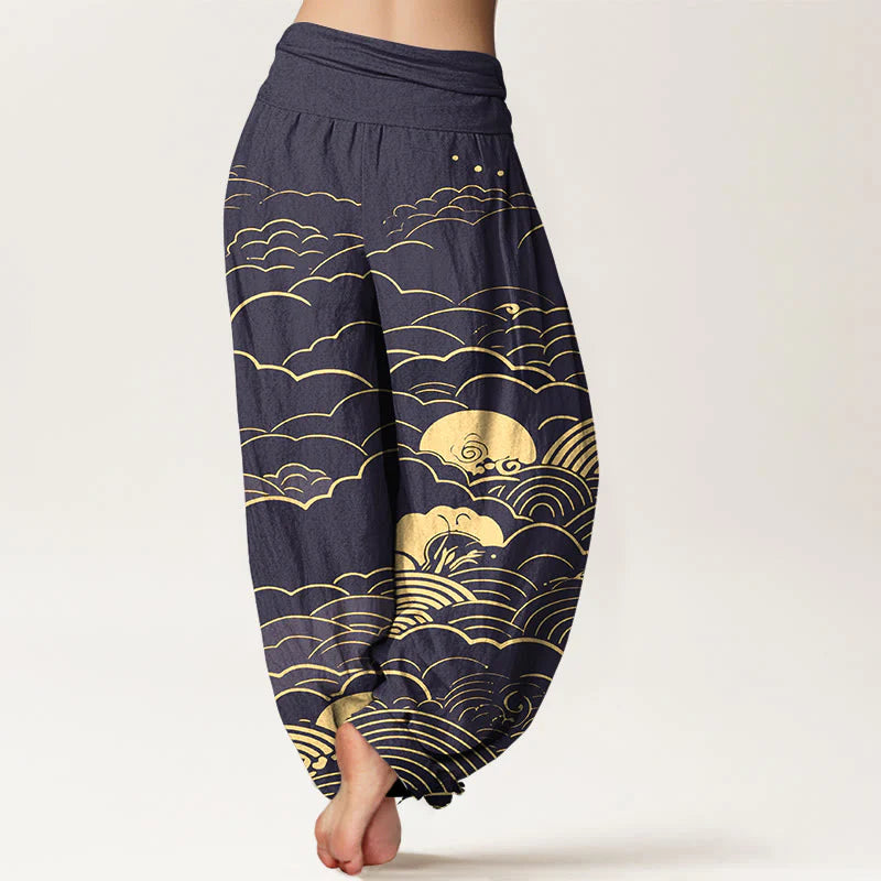 Buddha Stones Cotton Classical Clouds Spiral Pattern Women's Elastic Waist Harem Pants
