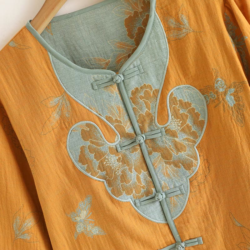 Buddha Stones 2pcs Frog-Button Printed Long Sleeve Cardigan Shirt Pants With Pockets Cotton Set