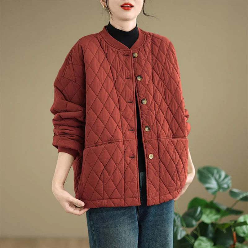 Buddha Stones Diamond Grid Pattern Women's Long Sleeve Cotton Thickened Jacket With Pockets