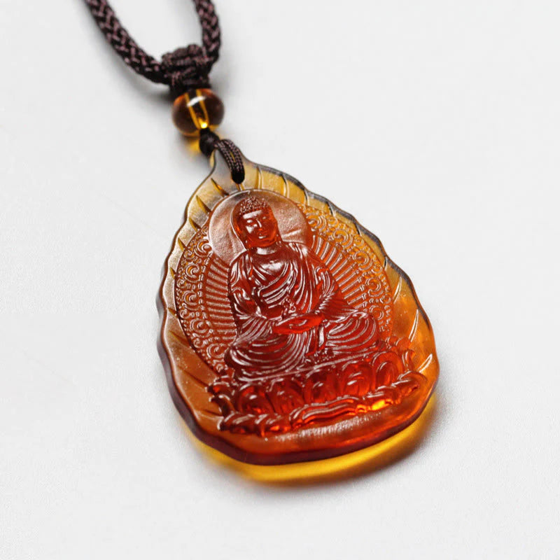 Buddha Stones Liuli Crystal Chinese Zodiac Natal Buddha Protection Leaf Shape Necklace Pendant