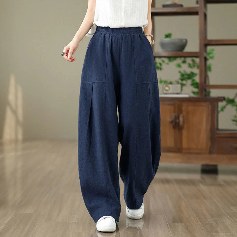 Buddha Stones Solid Color Cotton Linen Women's Straight Leg Pants With Pockets