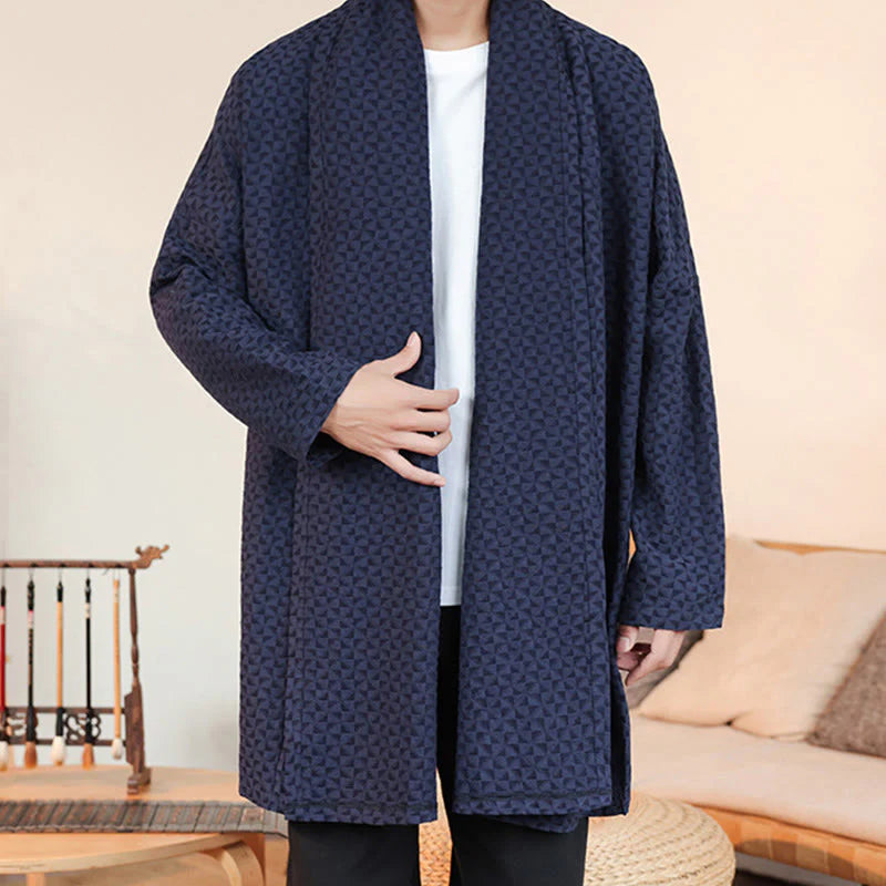 Buddha Stones Winter Jacquard Simple Design Men's Cotton Long Sleeve Kimono