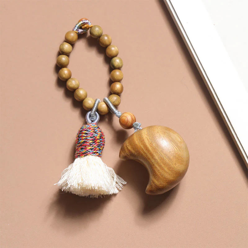Buddha Stones Natural Green Sandalwood Colored Rope Tassels Star Moon Abundance Key Chain