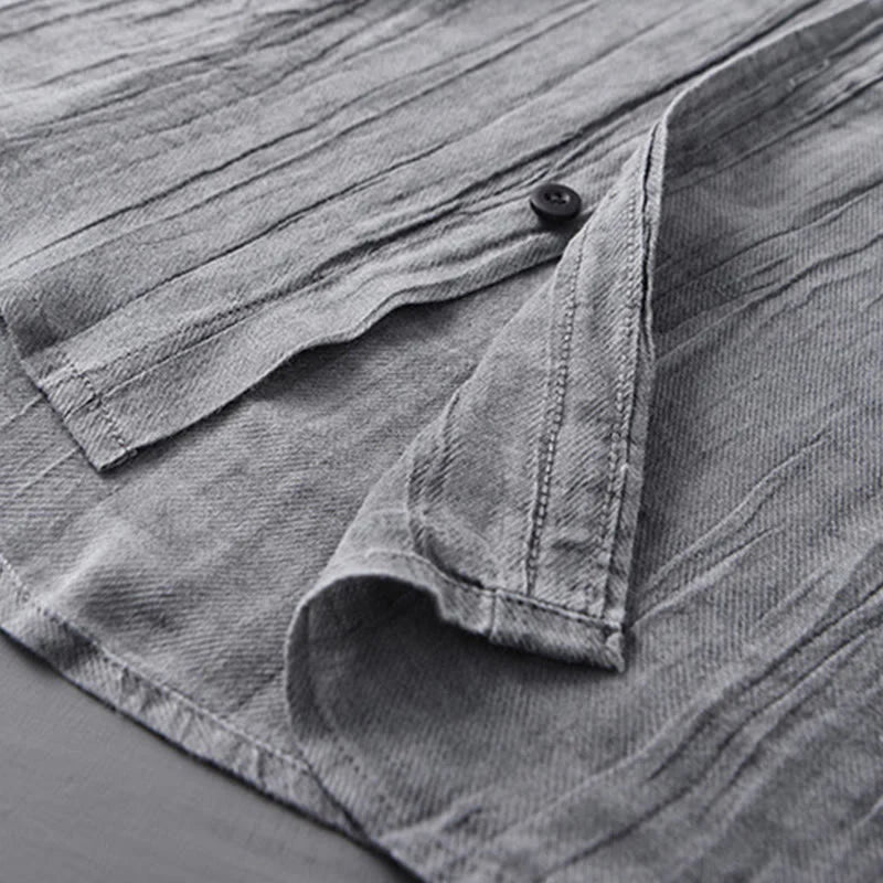 Buddha Stones Solid Long Sleeve Creases Design Buttons Down Ramie Linen Men's Shirts