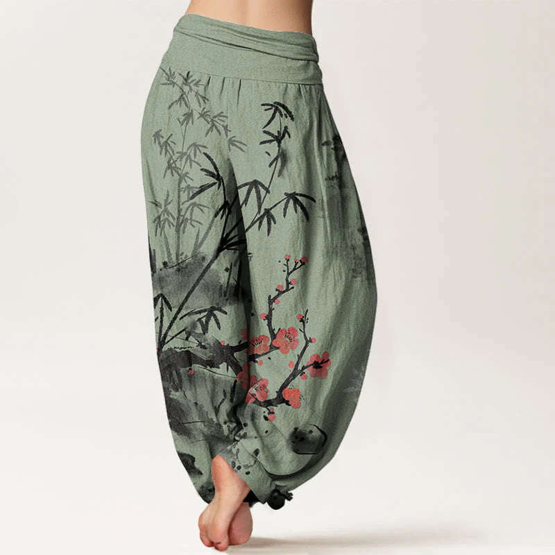 Buddha Stones Cotton Plum Blossoms Bamboo Orchids Chrysanthemums Pattern Women's Elastic Waist Harem Pants