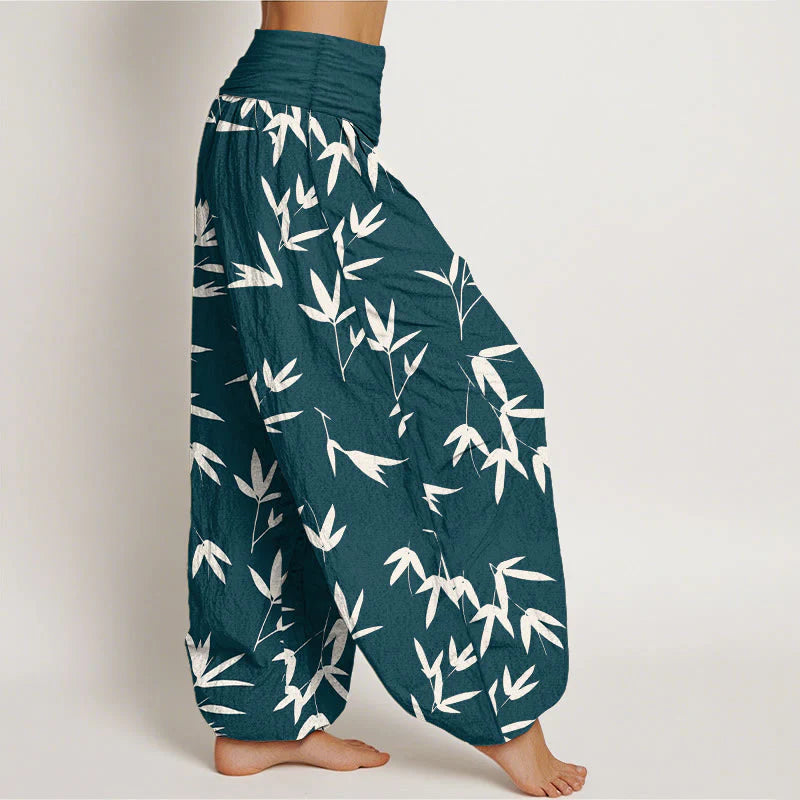 Buddha Stones Pure Cotton Simple Elegant Bamboo Leaf Pattern Women's Elastic Waist Harem Pants