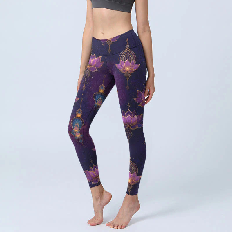 Buddha Stones Dreamlike Lotus Flower Lantern Print Gym Leggings Women's Yoga Pants